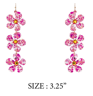 Light Pink Glitter Flower 3 Drop 3.25" Earring