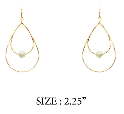 Gold Textured Teardrop Layered with Pearl 2.25" Earring
