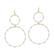 Gold Double Circle with Pearl Beaded Accents 2" Earring
