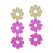 Gold Studded Flower with Hot Pink Wood Triple Drop Earring
