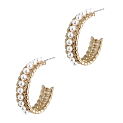 Gold Textured 1.5" Hoop with Pearls Earring