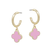 Gold Huggie Hoop with Small Pink Exopy Clover Earring