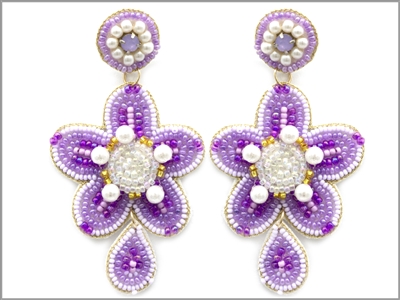 Lavender Seed Bead and White Flower 2.5" Drop Earring