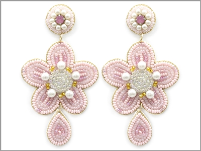 Pink Seed Bead and White Flower 2.5" Drop Earring
