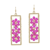 Hot Pink Crystal Flower in Open Gold Rectangle 1.25" Earring