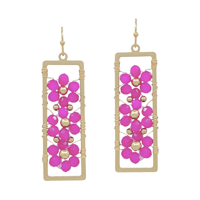 Hot Pink Crystal Flower in Open Gold Rectangle 1.25" Earring