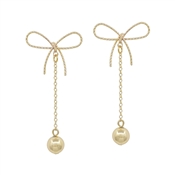 Gold Ribbon Bow Post with Gold Ball Drop 2" Earring