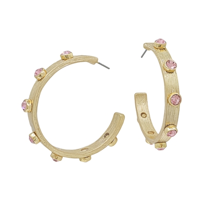 Gold Textured 1.5" Hoop with Pink Crystal Accents