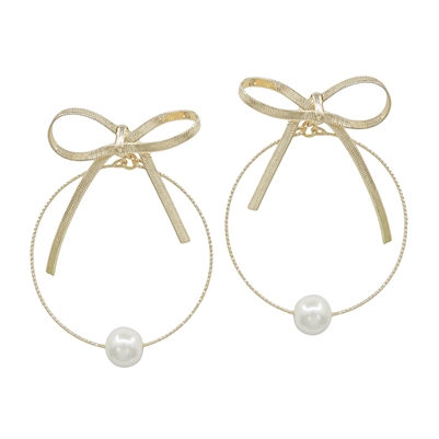 Gold Ribbon Bow with Open Circle and Pearl 1.5" Earring