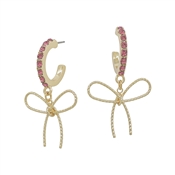 Pink Rhinestone Huggie Hoop with Gold Bow 1" Earring