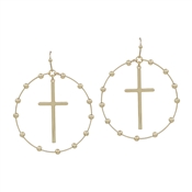 Gold Beaded and Gold Hoop with Gold Cross 2" Earring