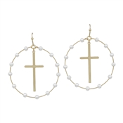 Pearl Beaded and Gold Hoop with Gold Cross 2" Earring