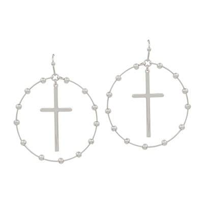Silver Beaded and Gold Hoop with Silver Cross 2" Earring