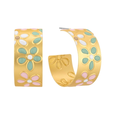 Gold Hoop with Light Multi Colored Flower 1.5" Earring