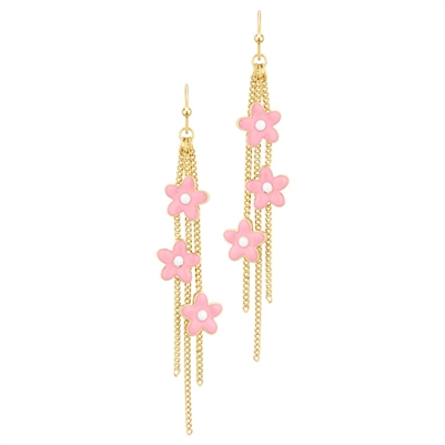 Gold Chain with Pink Epoxy Flower 2" Drop Earring