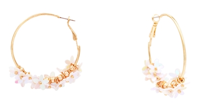 Gold Hoop with White Sequin Flower 2" Drop Earring