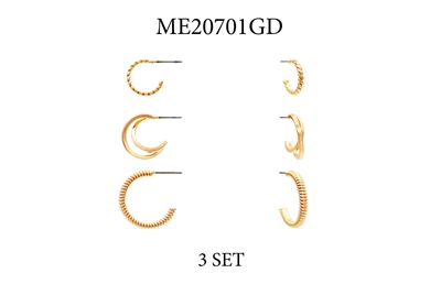 Set of 3 Textured Gold Hoop .5", .75", 1" Earrings