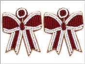 Maroon and White Seed Bead Bow 2.75" Game Day Earring