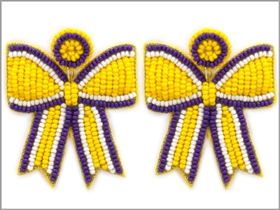 Purple and Yellow Seed Bead Bow 2.75" Game Day Earring