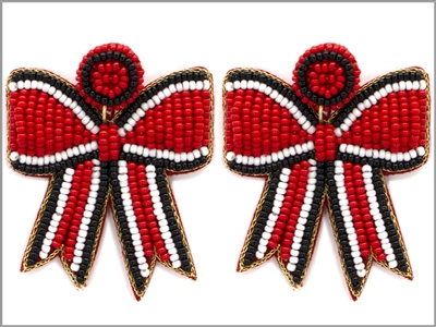 Red and Black Seed Bead Bow 2.75" Game Day Earring