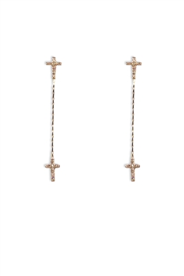 Gold Rhinestone Cross Stud with Cross Drop 2" Earring