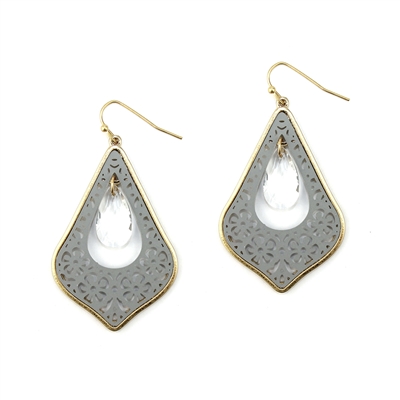 Grey Metal Filigree Earring with Crystal Accent 2"