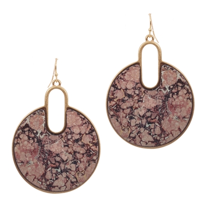 Open Circle Pink Marble Print Painted Wood 2" Earring
