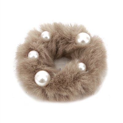 Beige Fur Scrunchie with Pearls