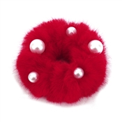 Red Fur Scrunchie with Pearls