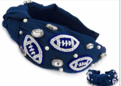 Blue and White Seed Bead Football Gameday Headband, Very Popular!
