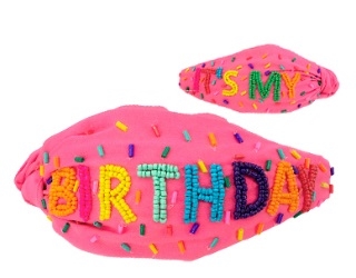 "It's My Birthday" Seed Bead Pink Fabric Headband