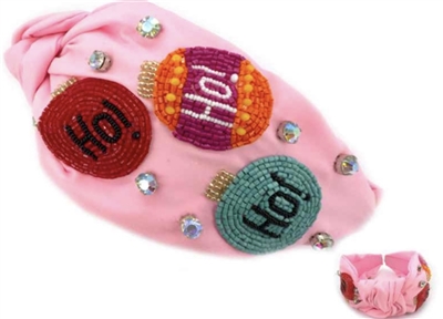 Ho, Ho, Ho Ornament Seed Beads on Pink Fabric  Headband