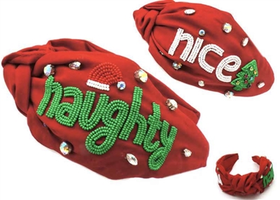 Naughty or Nice Seed Beads on Red Fabric  Headband