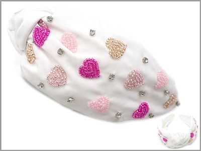 Hot Pink, Light Pink, and White Seed Bead Heart Headband