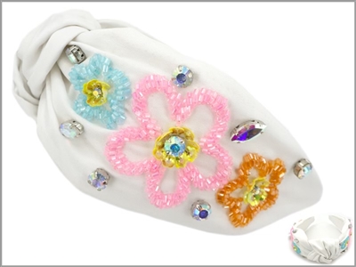 White with Multi Color Seed Bead Flower and Crystal Headband