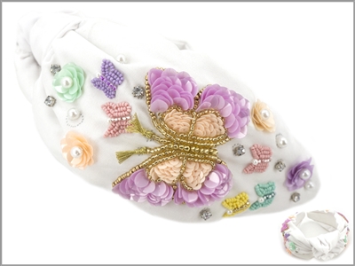 White Headband with Pastel Seed Bead and Sequin Butterflies
