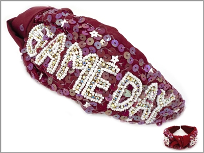 Maroon Sequin Headband with White Outline Rhinestone Game Day