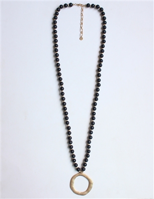 Black Wood Beaded 34" Necklace with Gold Circle Charm