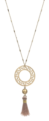 Matte Gold Geometric Circle with Pink Tassel 34" Necklace