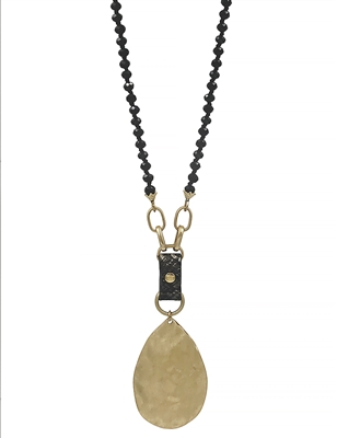 Black Crystal with Snake Leather and Gold Teardrop 34" Necklace