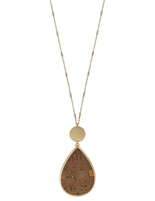Brown Cork and Gold Teardrop 34" Necklace
