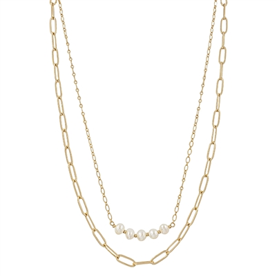 Gold Pearl Row and Gold Chain Layered 18" Necklace