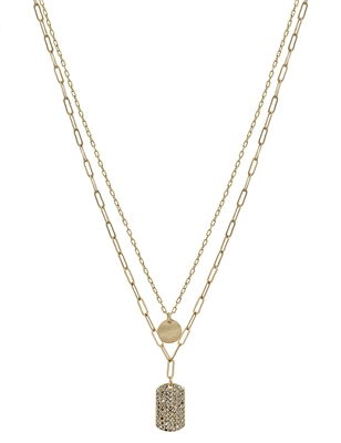 Gold Layered Circle and Hematite Rhinestone Rectangle 16"-18" Necklace