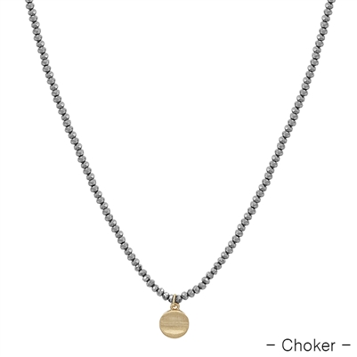 Grey Crystal with Gold Coin Drop Choker 14"-17" Necklace