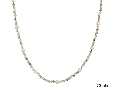 Light Multi Crystal Choker with Pearl 14"-16" Necklace