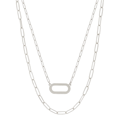 Layered Matte Silver Oval and Chain 16"-18" Necklace