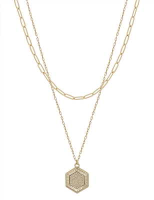 Layered Gold Chain with Stamped Hexagon 16"-18" Necklace