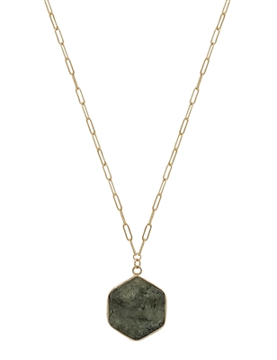 Gold Chain with Grey Hexagon Natural Stone 16"-18" Necklace