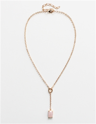 Gold Y Drop Chain with Pink Natural Stone  17"-19" Necklace