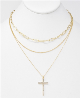 Gold Triple Layer with Rhinestone Cross 16"-18" Necklace